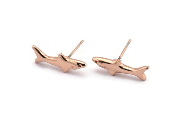 Rose Gold Shark Charm, 4 Rose Gold Plated Brass Fish Stud Earrings (19x10mm) N0894 A1252