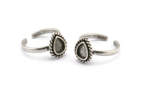 Silver Drop Rings, 2 Antique Silver Plated Brass Adjustable Rings - Pad Size 8x6mm N2095 H1439