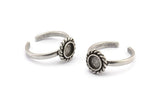 Silver Round Rings, 2 Antique Silver Plated Brass Adjustable Rings - Pad Size 6mm N2093 H1437