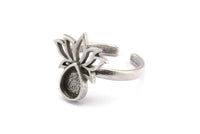 Silver Flower Ring, 2 Antique Silver Plated Brass Lotus Flower Rings - Pad Size 8x6mm N2104 H1417