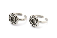 Silver Ring Settings, 2 Antique Silver Plated Brass Flower Rings With 1 Round Shaped Stone Setting - Pad Size 6mm N2097 H1441