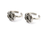 Silver Ring Settings, 2 Antique Silver Plated Brass Flower Rings With 1 Round Shaped Stone Setting - Pad Size 6mm N2097 H1441