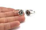 Silver Ring Settings, 2 Antique Silver Plated Brass Flower Rings With 1 Round Shaped Stone Setting - Pad Size 6mm N2097 H1441