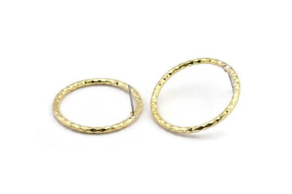 Brass Round Earring, 2 Textured Raw Brass Circle Shaped Stud Earrings (29x2mm) N2110