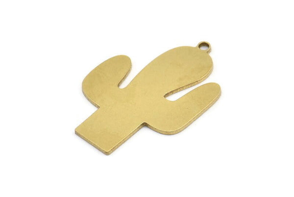 Brass Cactus Charm, 4 Raw Brass Cactus Pendants With 1 Loop (36x24x1mm) A3068