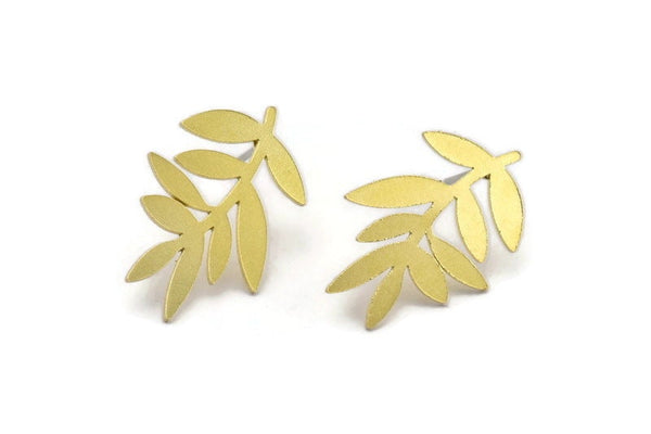 Brass Leaf Earring, 8 Raw Brass Leaf Stud Earrings (22x14x0.60mm) A3013