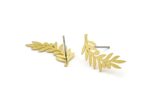 Brass Leaf Earring, 10 Raw Brass Branch Shaped Stud Earrings, Findings (22x10x0.60mm) A3026