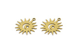 Brass Sun Charm, 12 Raw Brass Crescent Moon And Star Patterned Sun Shape Charms With 1 Loop, Charm Pendants (20x18x0.60mm) A3167
