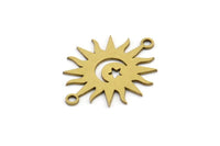 Brass Sun Connector, 12 Raw Brass Crescent Moon And Star Patterned Sun Shaped Connectors With 2 Loops, Charm Pendants (22x17x0.60mm) A3168