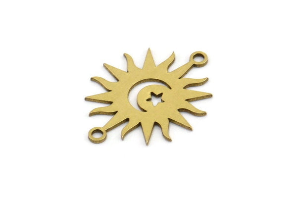 Brass Sun Connector, 12 Raw Brass Crescent Moon And Star Patterned Sun Shaped Connectors With 2 Loops, Charm Pendants (22x17x0.60mm) A3168