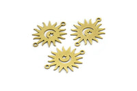 Brass Sun Connector, 12 Raw Brass Crescent Moon And Star Patterned Sun Shaped Connectors With 2 Loops, Charm Pendants (22x17x0.60mm) A3168