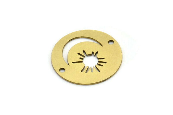 Brass Round Connector, 10 Raw Brass Crescent Moon And Sun Patterned Round Shaped Connectors With 2 Holes, Charm Pendants (18x0.60mm) A3117