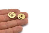 Brass Round Connector, 10 Raw Brass Crescent Moon And Sun Patterned Round Shaped Connectors With 2 Holes, Charm Pendants (18x0.60mm) A3117