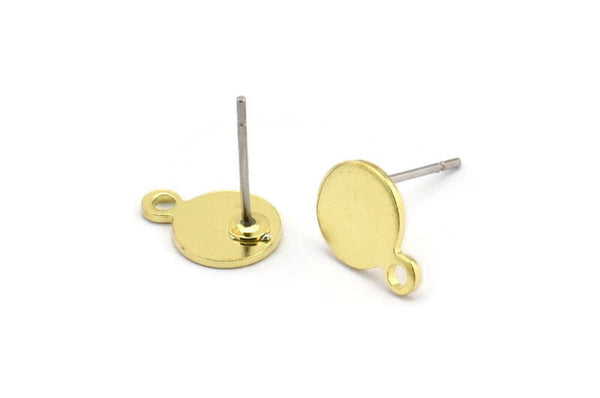 Brass Round Earring, 12 Raw Brass Cabochon Stud Earring With 1 Loop (11x8x0.80mm) M060 A2325