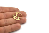 Brass Round Charm, 12 Raw Brass Lotus Flower And Crescent Moon Patterned Round Shaped Charms With 1 Loop, Findings (27x24x0.60mm) A3300