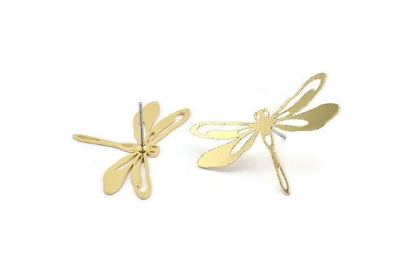 Brass Dragonfly Earring, 8 Raw Brass Dragonfly Shaped Stud Earrings (20x31x0.60mm) A3043