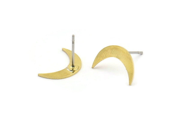 Brass Moon Earring, 12 Raw Brass Tiny Crescent Moon Shaped Stud Earrings (13x3x0.60mm) A3386