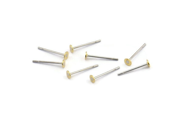 Earring Post Stud, 100 - 316L Stainless Steel Earring Posts With Raw Brass 3mm Flat Pad, Ear Studs BS 2317