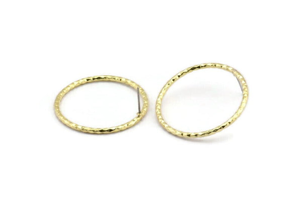 Brass Round Earring, 2 Textured Raw Brass Circle Shaped Stud Earrings (35x2mm) N2060