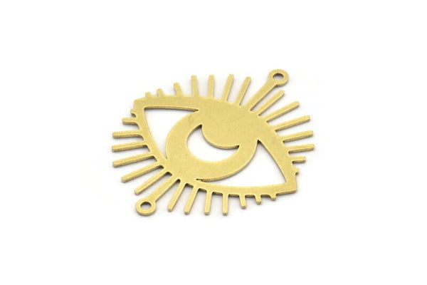 Brass Eye Charm, 6 Raw Brass Crescent Moon Patterned Eye Shaped Charms With 2 Loops, Connectors (34x30x0.60mm) A3493