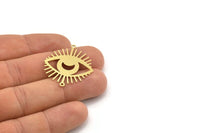 Brass Eye Charm, 6 Raw Brass Crescent Moon Patterned Eye Shaped Charms With 2 Loops, Connectors (34x30x0.60mm) A3493