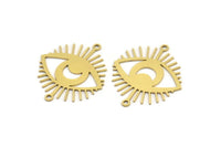 Brass Eye Charm, 8 Raw Brass Crescent Moon Patterned Eye Shaped Charms With 2 Loops, Connectors (30x26x0.60mm) A3491