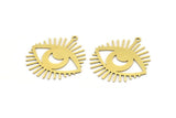 Brass Eye Charm, 6 Raw Brass Crescent Moon Patterned Eye Shaped Charms With 1 Loop (31x30x0.60mm) A3492