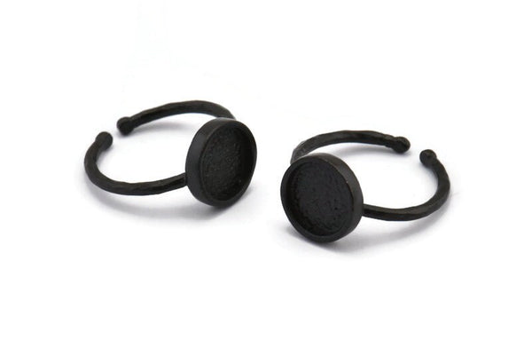 Black Ring Settings, 2 Oxidized Black Brass Round Ring With 1 Stone Setting - Pad Size 9mm N1766 S1202