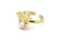 Brass Ring Settings, 2 Raw Brass Lotus Flower Rings With 1 Round Shaped Stone Setting - Pad Size 6mm N2102