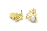 Pirinç Çiçek Küpe, 1 Yuvarlak Şekilli Taşlı 4 Ham Pirinç Lotus Çiçeği Küpe - Ped Boyutu 6mm N2085