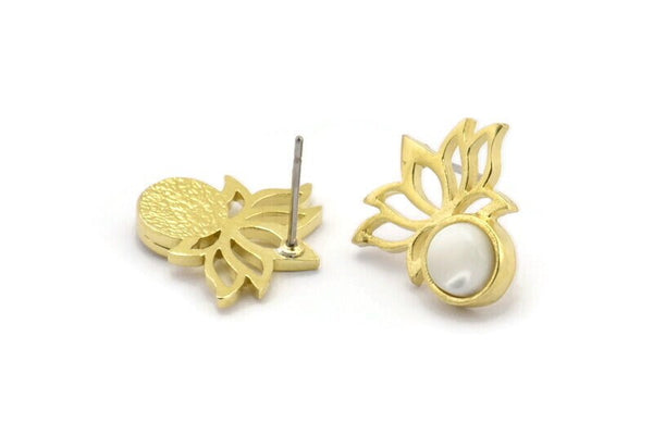 Pirinç Çiçek Küpe, 1 Yuvarlak Şekilli Taşlı 4 Ham Pirinç Lotus Çiçeği Küpe - Ped Boyutu 6mm N2085