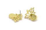 Brass Flower Earring, 4 Raw Brass Lotus Flower Stud Earrings With 1 Drop Shaped Stone - Pad Size 8x6mm N2084
