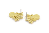 Brass Flower Earring, 4 Raw Brass Lotus Flower Stud Earrings With 1 Drop Shaped Stone - Pad Size 8x6mm N2084