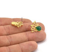 Brass Flower Earring, 4 Raw Brass Lotus Flower Stud Earrings With 1 Drop Shaped Stone - Pad Size 8x6mm N2084