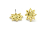 Brass Star Earring, 4 Raw Brass Star Stud Earrings With 1 Round Shaped Stone - Pad Size 6mm N2083