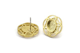 Brass Flower Earring, 4 Raw Brass Flower Stud Earrings With 1 Oval Shaped Stone - Pad Size 8x6mm N2092