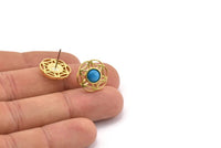 Brass Flower Earring, 4 Raw Brass Flower Stud Earrings With 1 Round Shaped Stone - Pad Size 6mm N2091