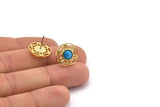 Brass Flower Earring, 4 Raw Brass Flower Stud Earrings With 1 Round Shaped Stone - Pad Size 6mm N2091