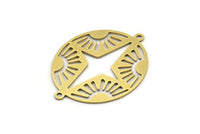 Brass Pole Star Charm, 8 Raw Brass Pole Star And Sun Patterned Oval Shaped Charms With 2 Loops, Connectors (33x26x0.60mm) A3601