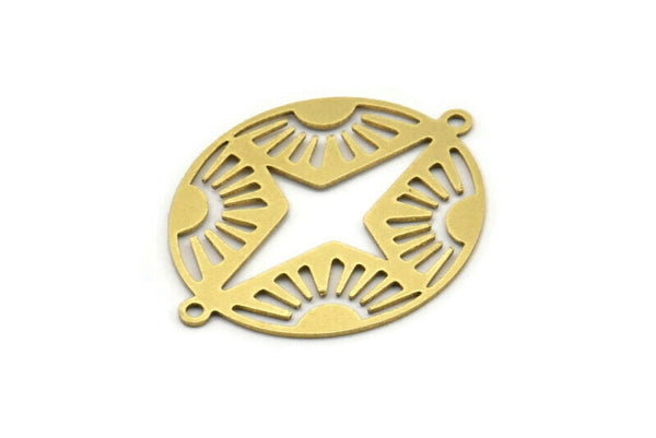 Brass Pole Star Charm, 8 Raw Brass Pole Star And Sun Patterned Oval Shaped Charms With 2 Loops, Connectors (33x26x0.60mm) A3601