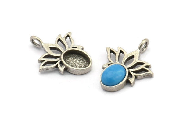 Gümüş Çiçek Tılsımı, 1 Halkalı 4 Antik Gümüş Kaplama Pirinç Lotus Çiçeği Tılsımı - Ped Boyutu 6x8mm (21x17mm) N2072 H1511