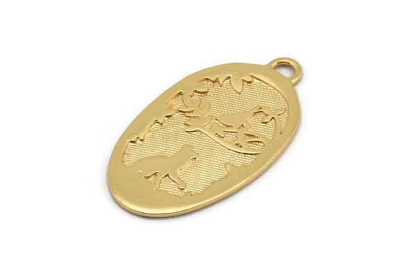 Gold Cat Charm, 1 Gold Lacquer Plated Brass Cat And Bird Textured Oval Charms With 1 Loop, Blanks (42x24x1.2mm) E218