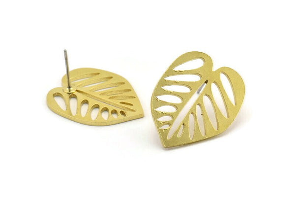 Brass Leaf Earring, 6 Raw Brass Leaf Stud Earrings, Findings (24x19x1mm) A3695