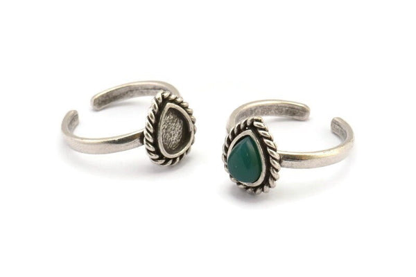 Silver Drop Rings, 2 Antique Silver Plated Brass Adjustable Rings - Pad Size 8x6mm N2095 H1439
