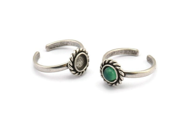 Silver Round Rings, 2 Antique Silver Plated Brass Adjustable Rings - Pad Size 6mm N2093 H1437