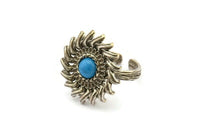Silver Ring Settings, Antique Silver Plated Brass Sunflower Ring With 1 Stone Setting - Pad Size 6mm N0837