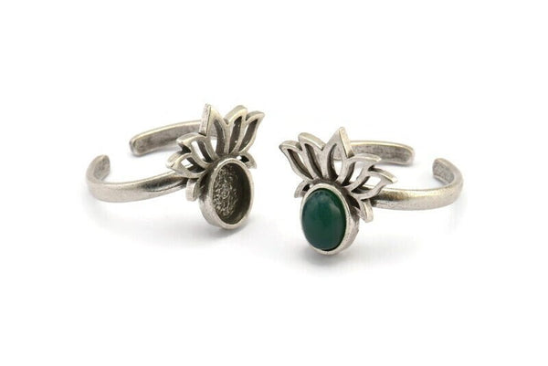 Gümüş Çiçek Yüzük, 2 Antik Gümüş Kaplama Pirinç Lotus Çiçeği Yüzük - Ped Boyutu 8x6mm N2103 H1416