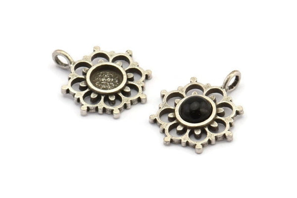 Gümüş Çiçek, 4 Antik Gümüş Kaplama Pirinç, Gümüş Takılar, 1 Halkalı Gümüş Çiçek Takıları - Ped Boyutu 6 mm (21x17 mm) N2075 H1476