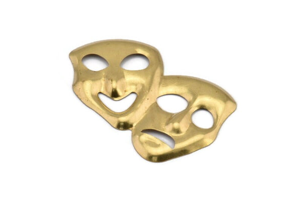 Brass Mask Charm, 4 Raw Brass  Comedy Tragedy Mask Charms, Theatre Faces (59x38mm) D1130