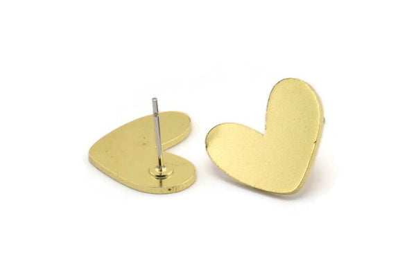 Brass Heart Earring, 8 Raw Brass Heart Shaped Stud Earrings (16x13x1mm) A3686